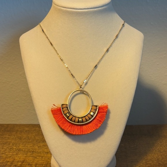 NEW Boho Orange fringe with wood beads necklace - Picture 1 of 4